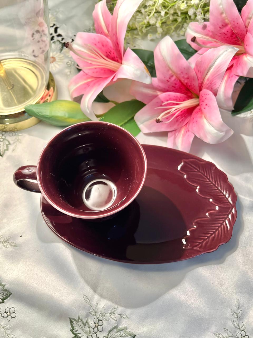 IKEA VINTER 2018 Purple Stoneware Mug & Leaf Saucer Set 36 cl