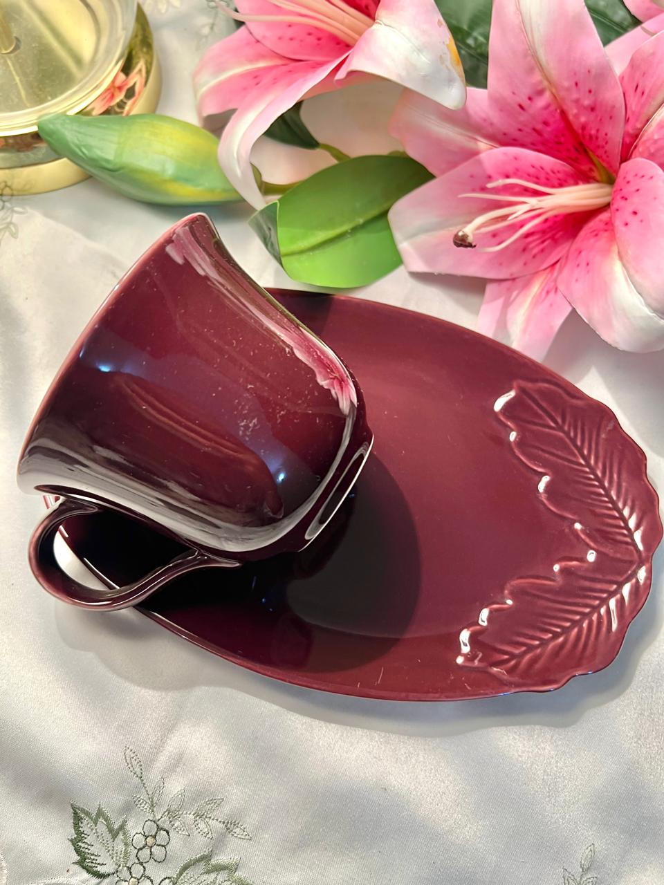 IKEA VINTER 2018 Purple Stoneware Mug & Leaf Saucer Set 36 cl