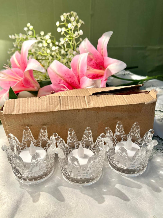 Set of Clear Crystal Crown Tealight Candle Holders – Decorative Royal Crown Votive Holders Approx. 6 cm