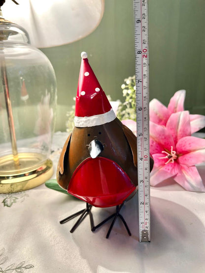Metal Robin Christmas Ornament with Santa Hat – Festive Bird Table Décor Approx. 20 cm