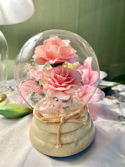 Vintage Pink Rose Crystal Dome Ornament Musical or LED Light Approx 20 cm