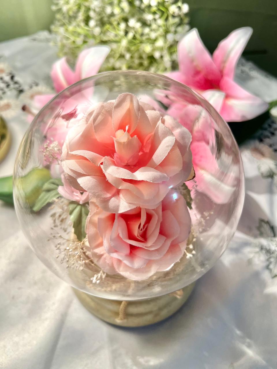 Vintage Pink Rose Crystal Dome Ornament Musical or LED Light Approx 20 cm
