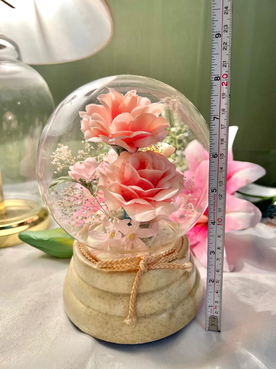 Vintage Pink Rose Crystal Dome Ornament Musical or LED Light Approx 20 cm