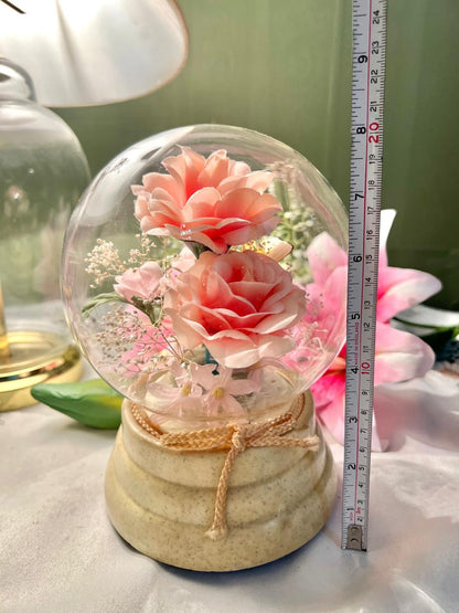 Vintage Pink Rose Crystal Dome Ornament Musical or LED Light Approx 20 cm