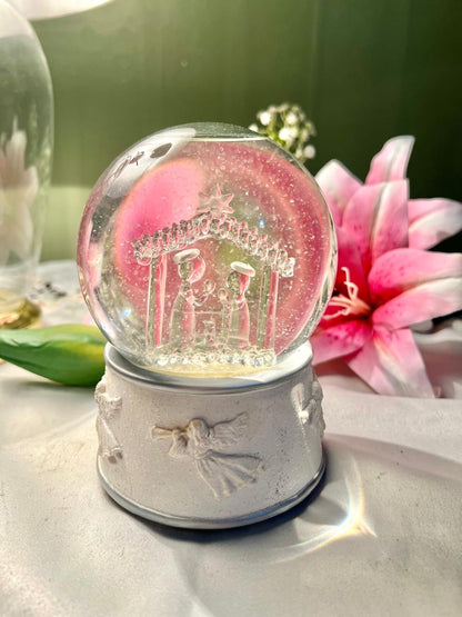 Vintage Nativity Crystal Snow Globe Angel Base LED Light Approx 15 cm