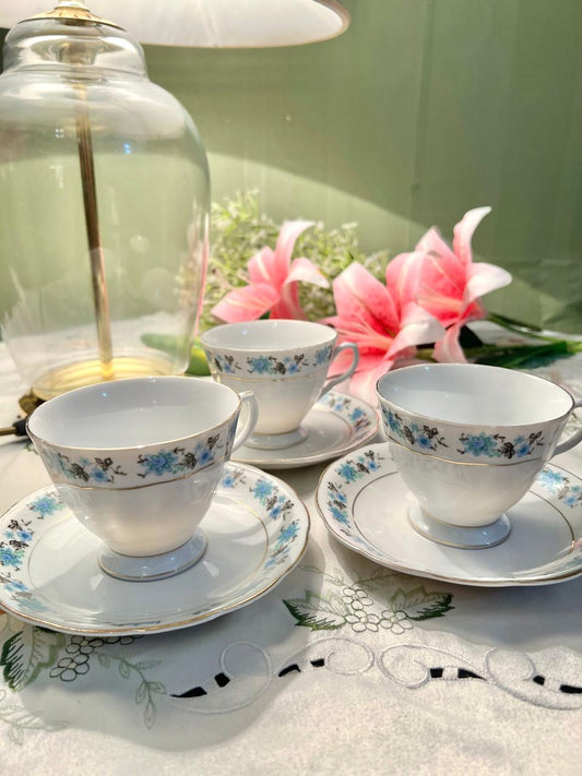 Vintage Blue Floral Porcelain Teacup & Saucer Set of 3