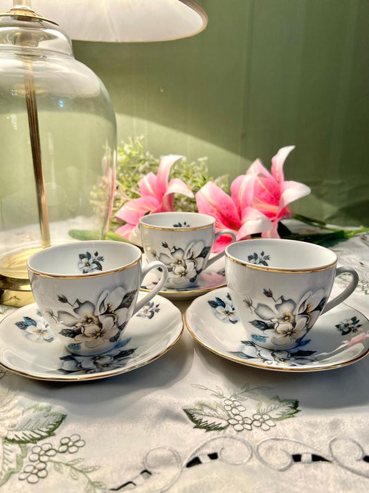 Vintage MZ Czechoslovakia Blue Floral Teacup & Saucer Set of 3