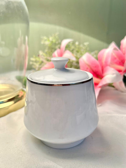 Tienshan White Lidded Sugar Bowl with Silver Trim – 2 Piece
