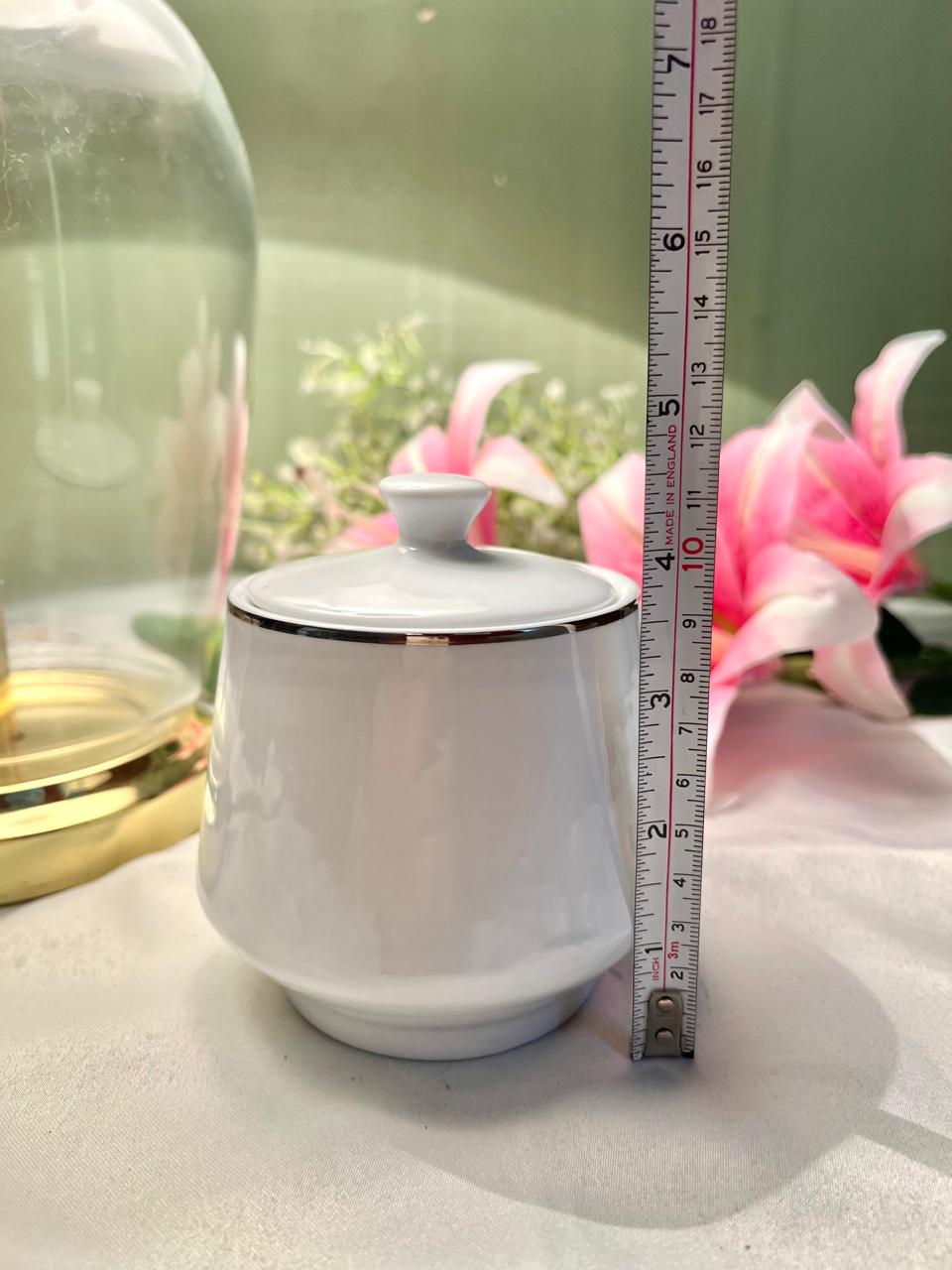 Tienshan White Lidded Sugar Bowl with Silver Trim – 2 Piece