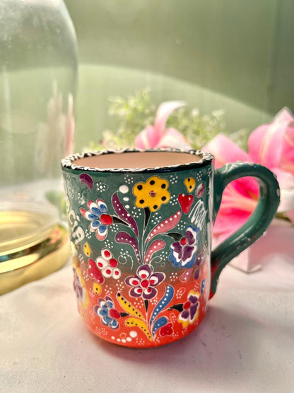 Floral Green & Orange Ceramic Mug – Approx. 4 Inch