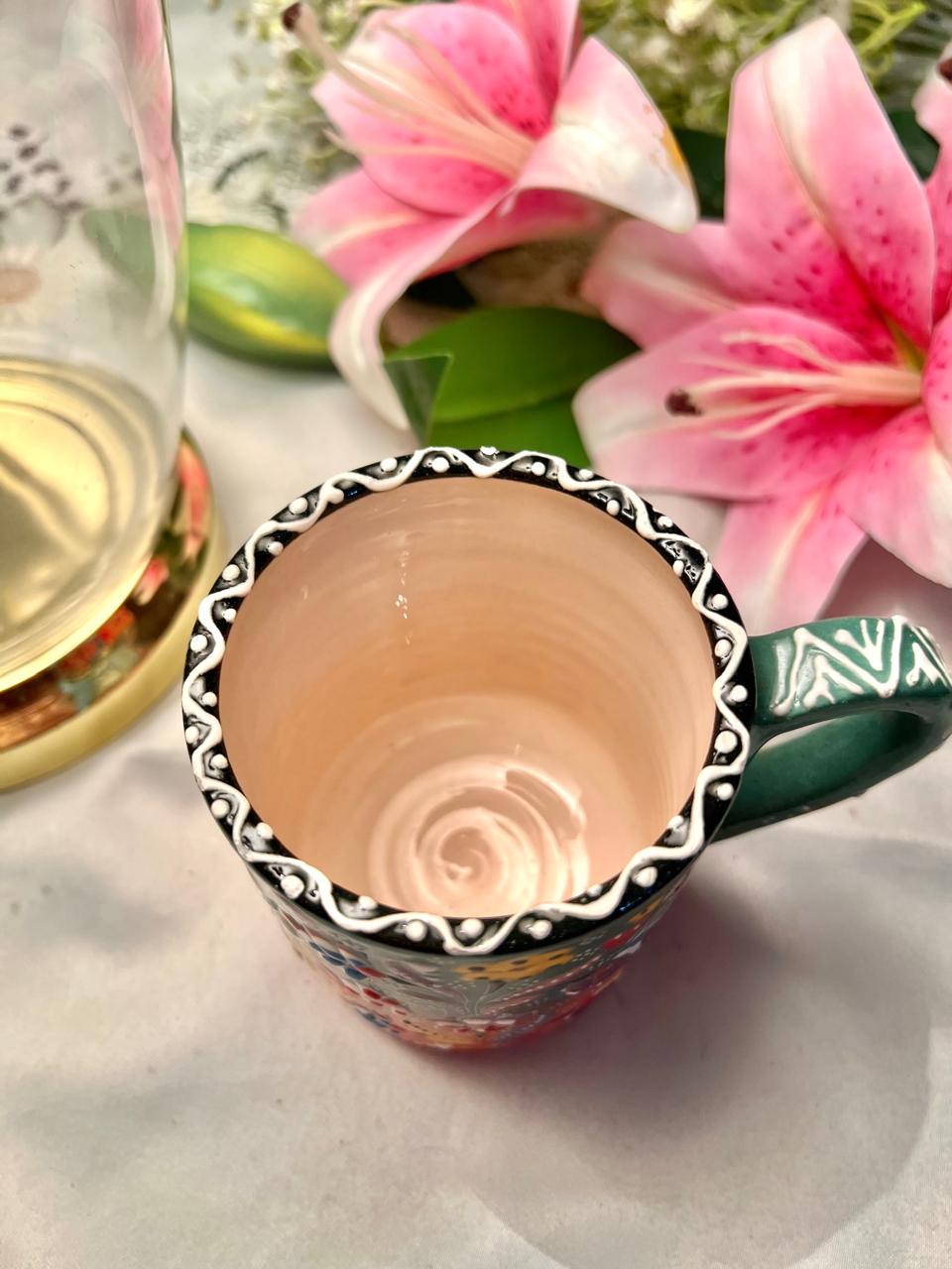 Floral Green & Orange Ceramic Mug – Approx. 4 Inch
