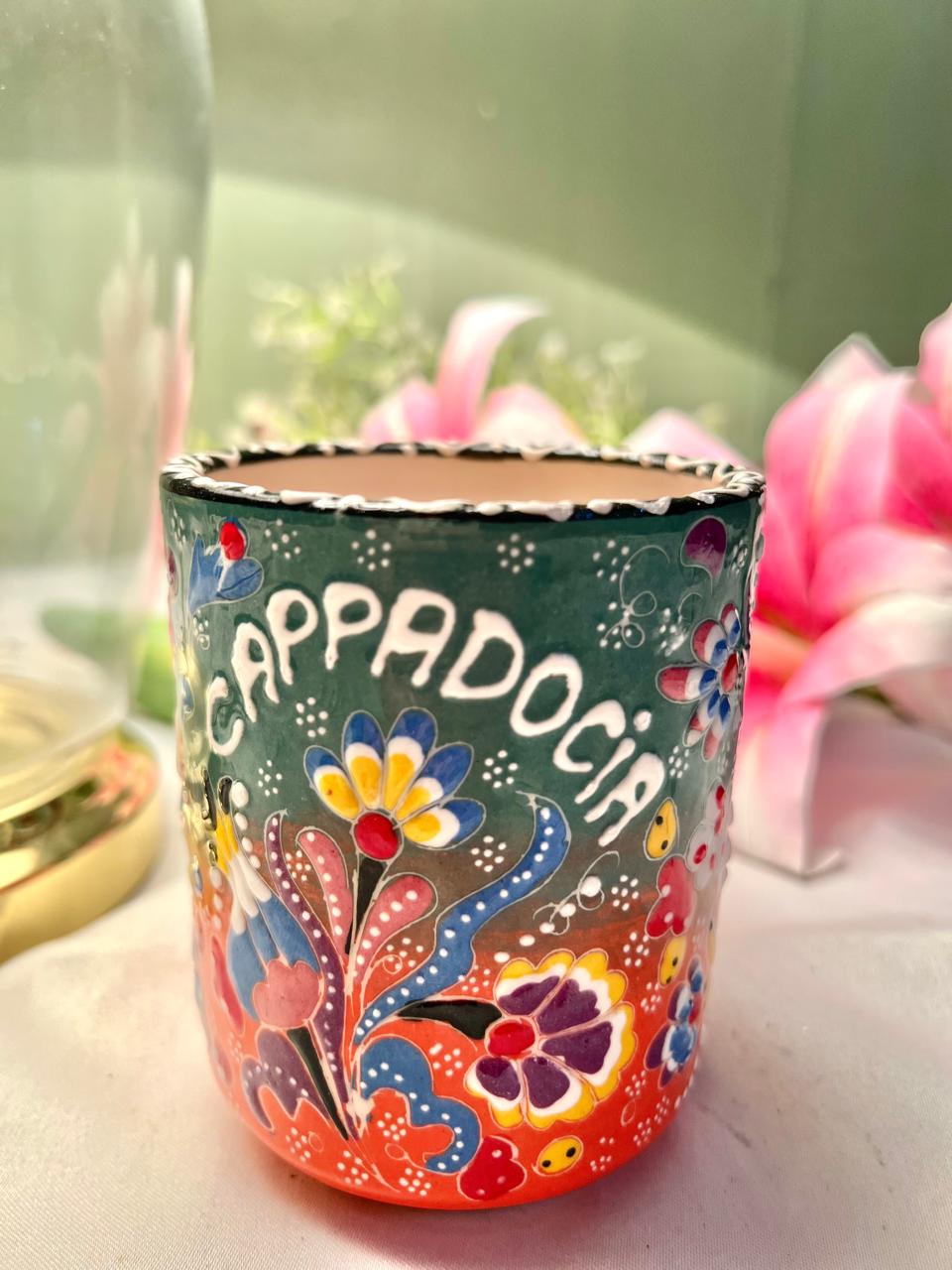 Floral Green & Orange Ceramic Mug – Approx. 4 Inch