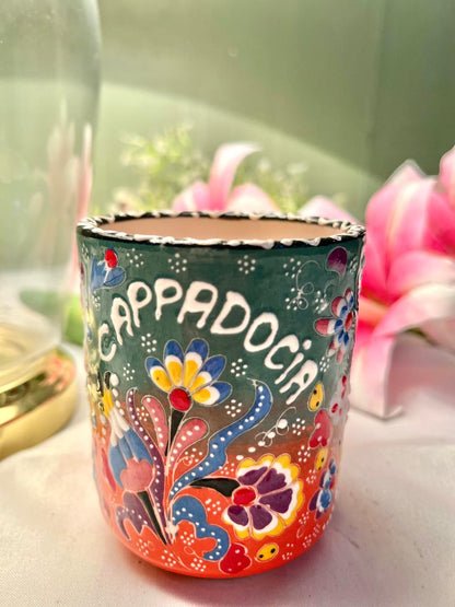 Floral Green & Orange Ceramic Mug – Approx. 4 Inch