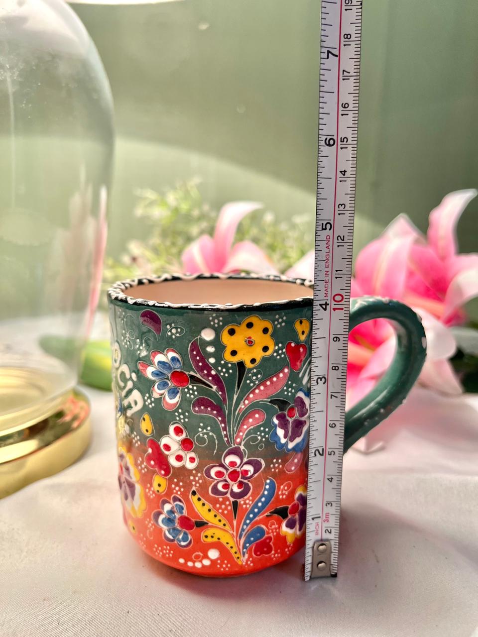 Floral Green & Orange Ceramic Mug – Approx. 4 Inch