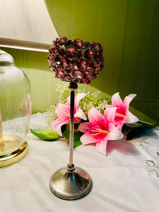 Pink Crystal Embellished Metal Candle Holder 28 cm