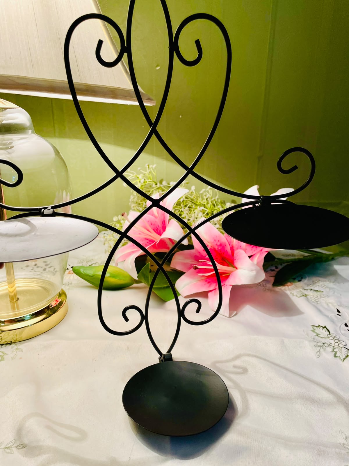 Black Metal 3-Candle Wall Holder with Scrollwork 35 cm