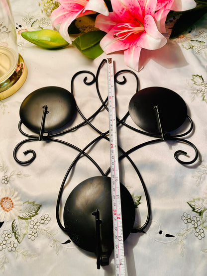 Black Metal 3-Candle Wall Holder with Scrollwork 35 cm