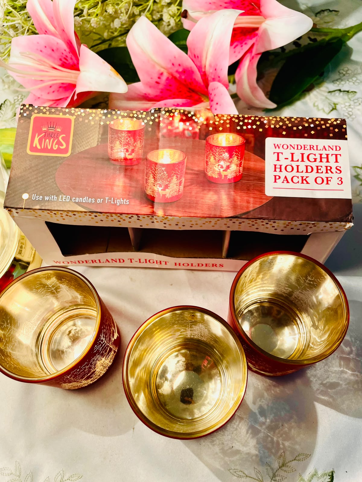 Red & Gold Winter Crystal Tealight Holders 3-Piece Set 8 cm