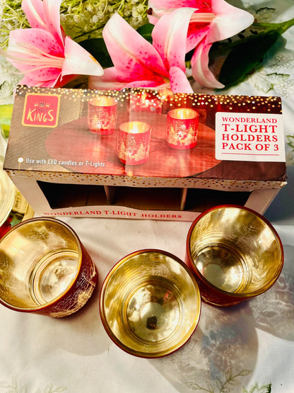 Red & Gold Winter Crystal Tealight Holders 3-Piece Set 8 cm