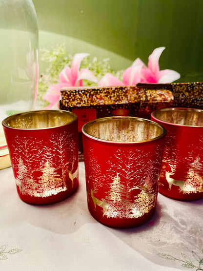 Red & Gold Winter Crystal Tealight Holders 3-Piece Set 8 cm