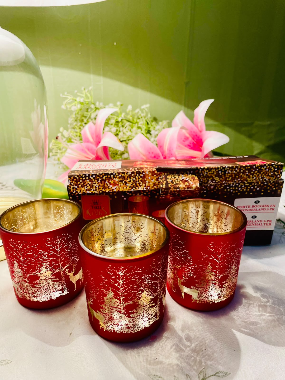 Red & Gold Winter Crystal Tealight Holders 3-Piece Set 8 cm