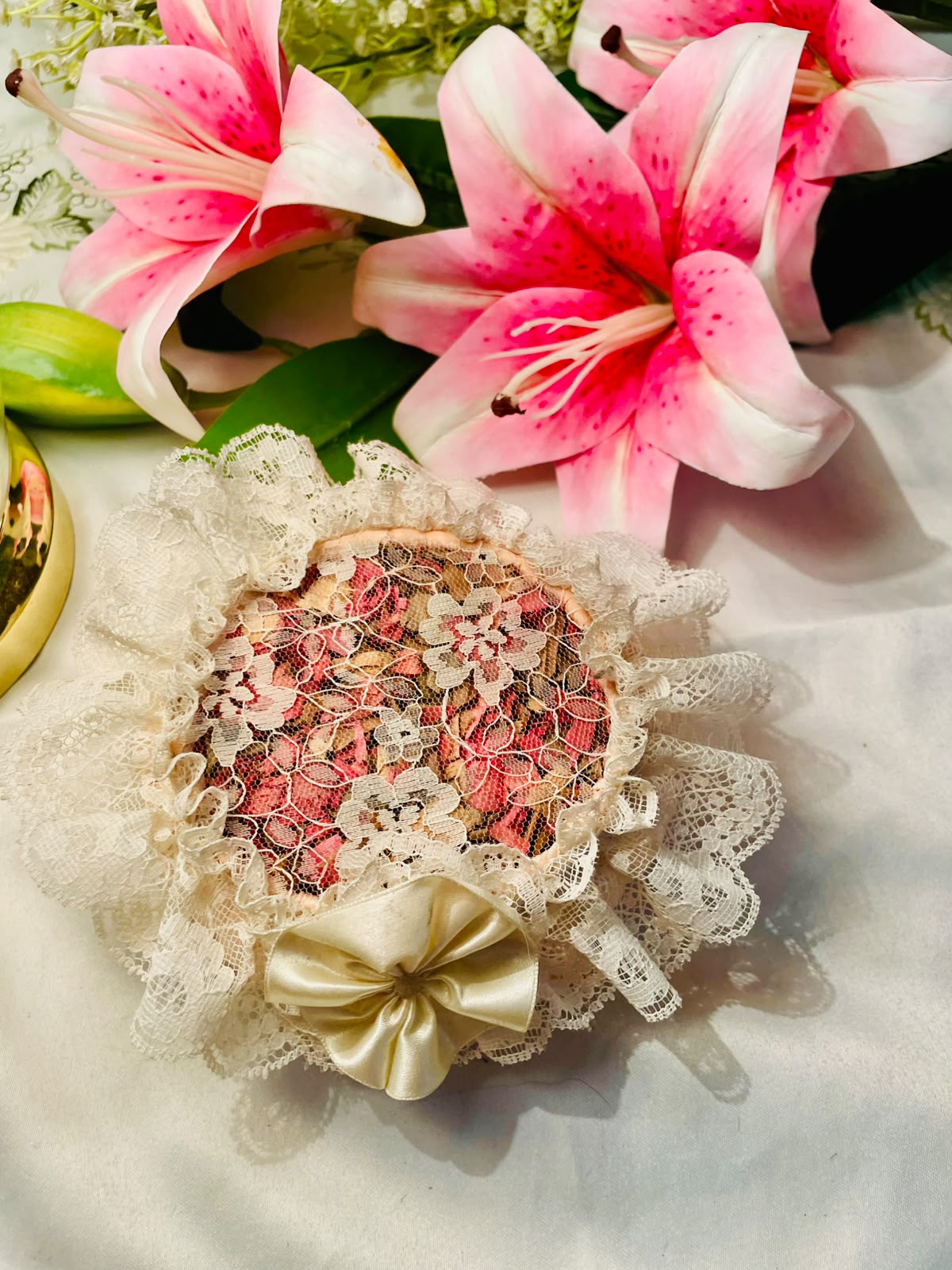 Floral Lace Decorative Pin Cushion with Satin Bow 12 cm
