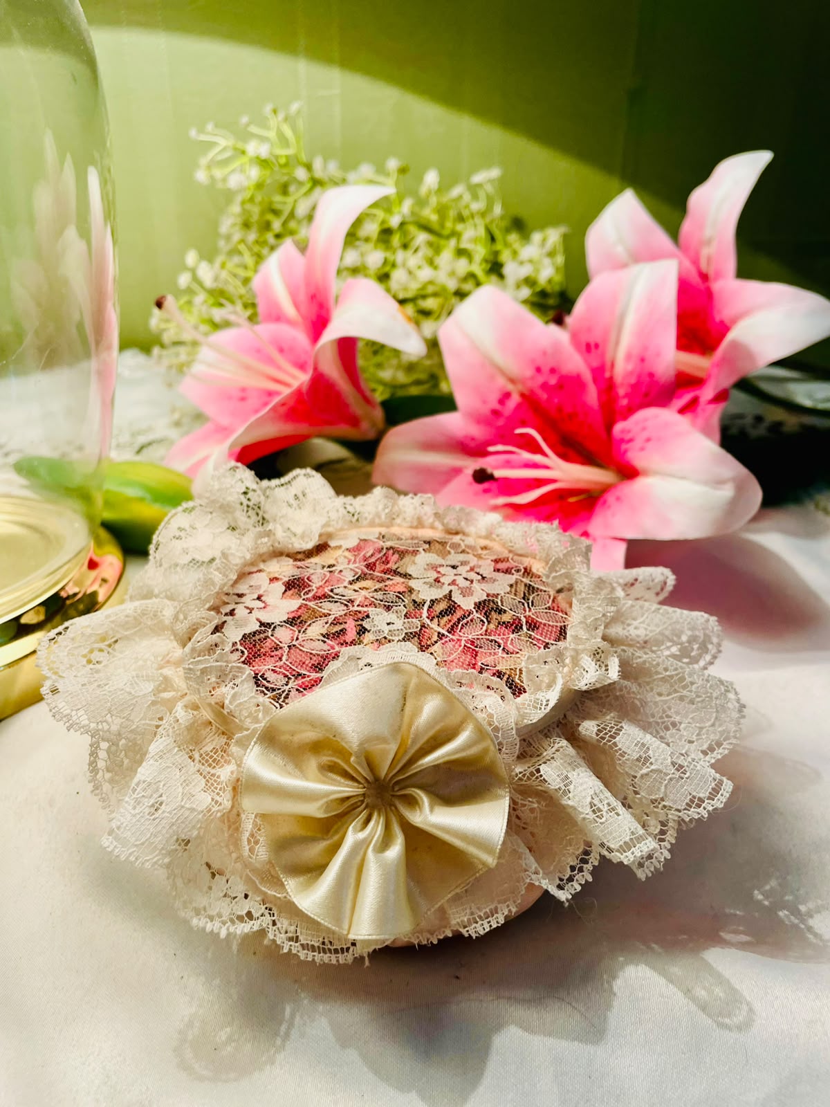 Floral Lace Decorative Pin Cushion with Satin Bow 12 cm