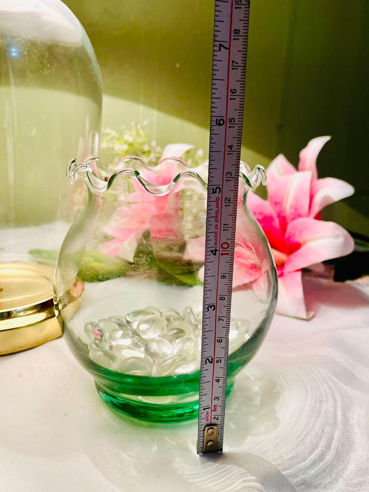 Clear Crystal Ruffled Vase with Green Base – Approx. 5.5 Inch