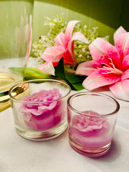Pink Rose-Shaped Scented Candles in Crystal Holders – 2 Piece Set