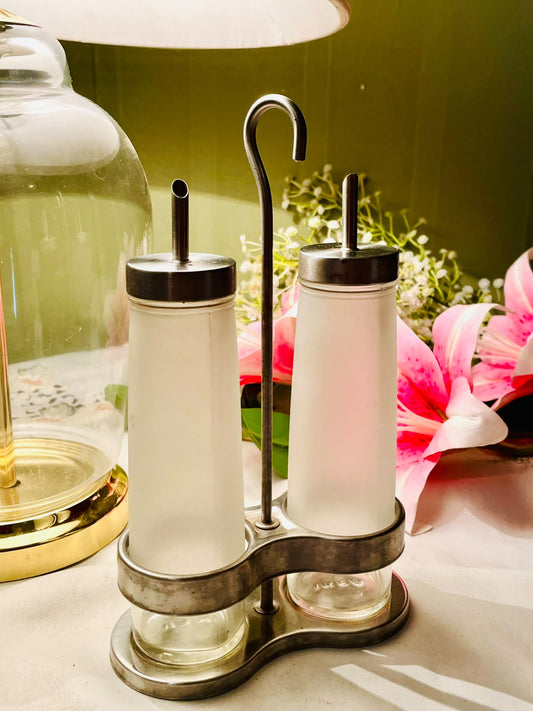Frosted Crystal Oil & Vinegar Cruet Set with Metal Stand 24 cm