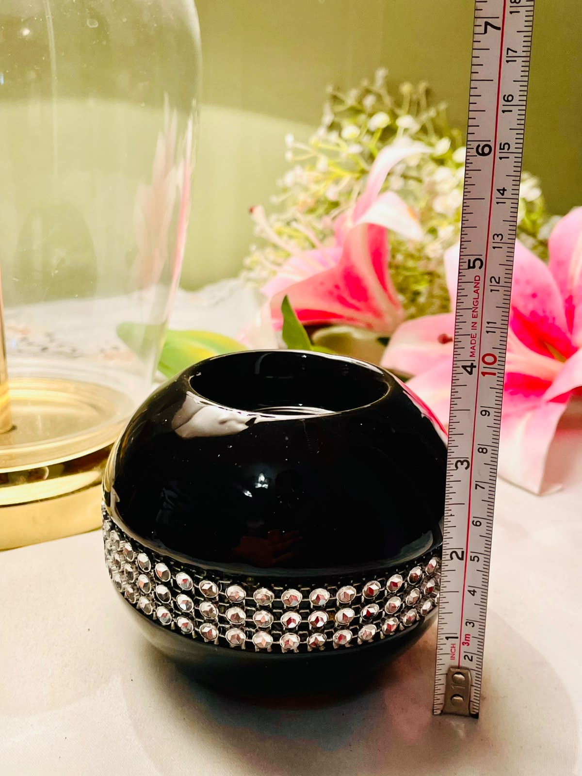 Black Ceramic with Crystal Band Candle Holder 9 cm