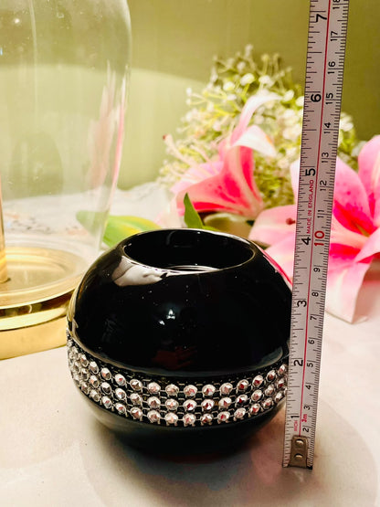 Black Ceramic with Crystal Band Candle Holder 9 cm