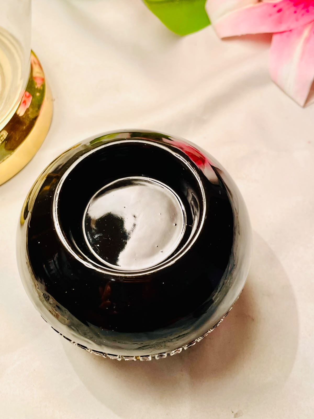 Black Ceramic with Crystal Band Candle Holder 9 cm