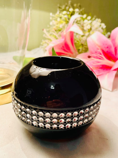 Black Ceramic with Crystal Band Candle Holder 9 cm