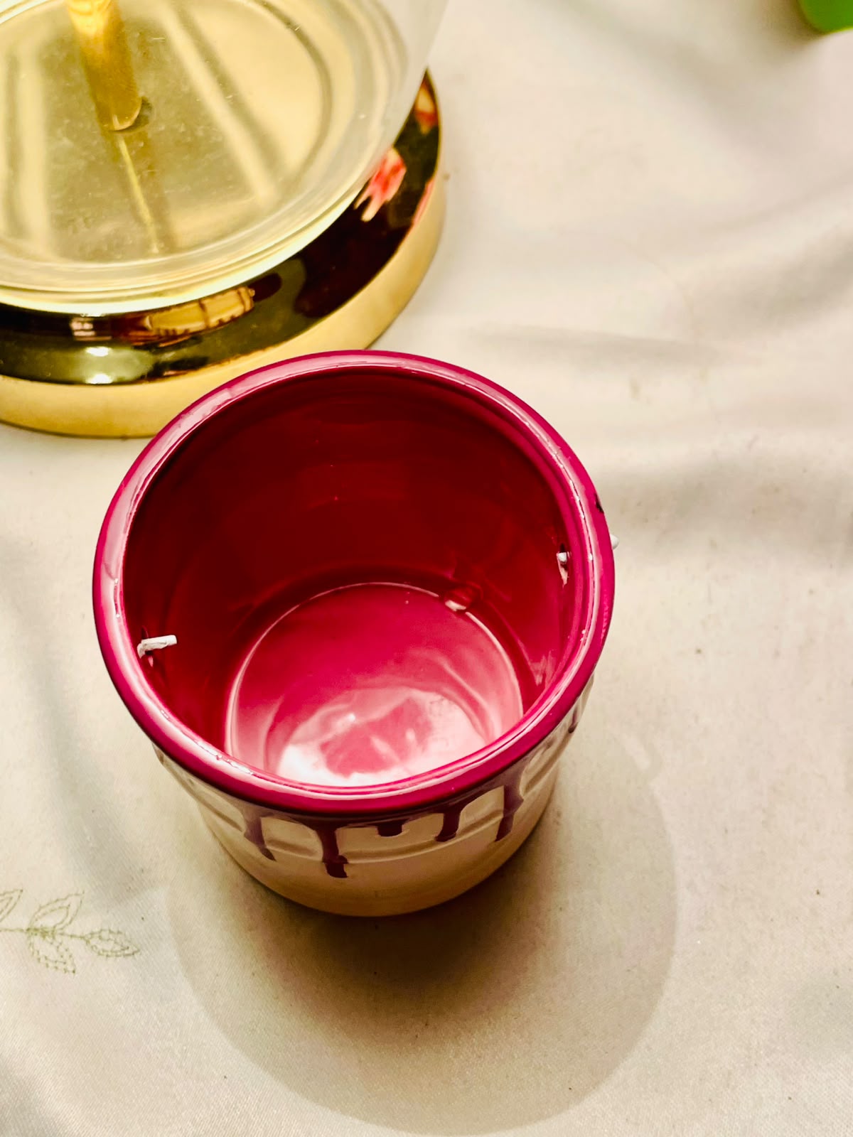 Hand painted Cream Ceramic Pot with Magenta Drip Glaze Lantern 8 cm
