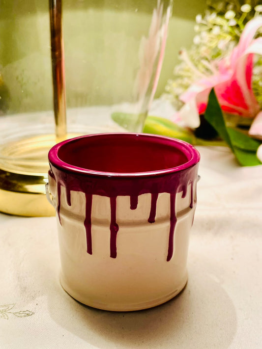 Hand painted Cream Ceramic Pot with Magenta Drip Glaze Lantern 8 cm