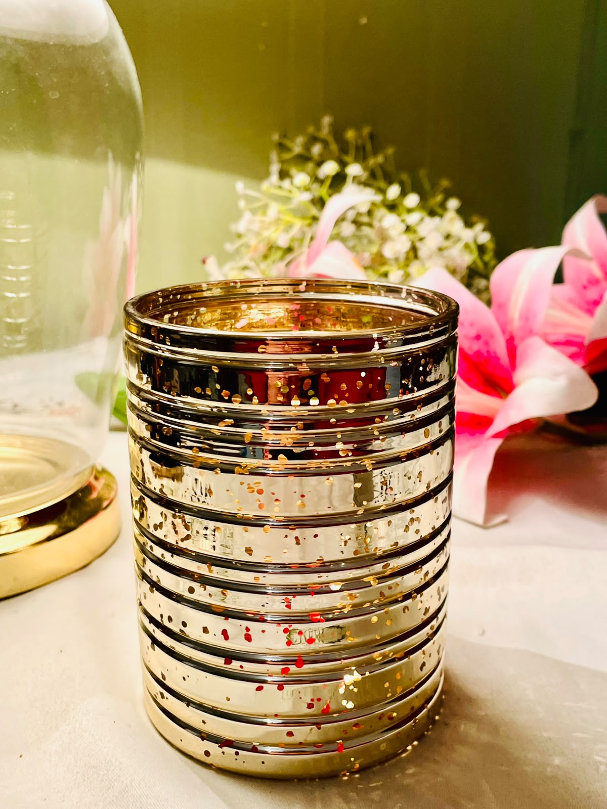 Gold Ribbed Crystal Candle Holder 13 cm