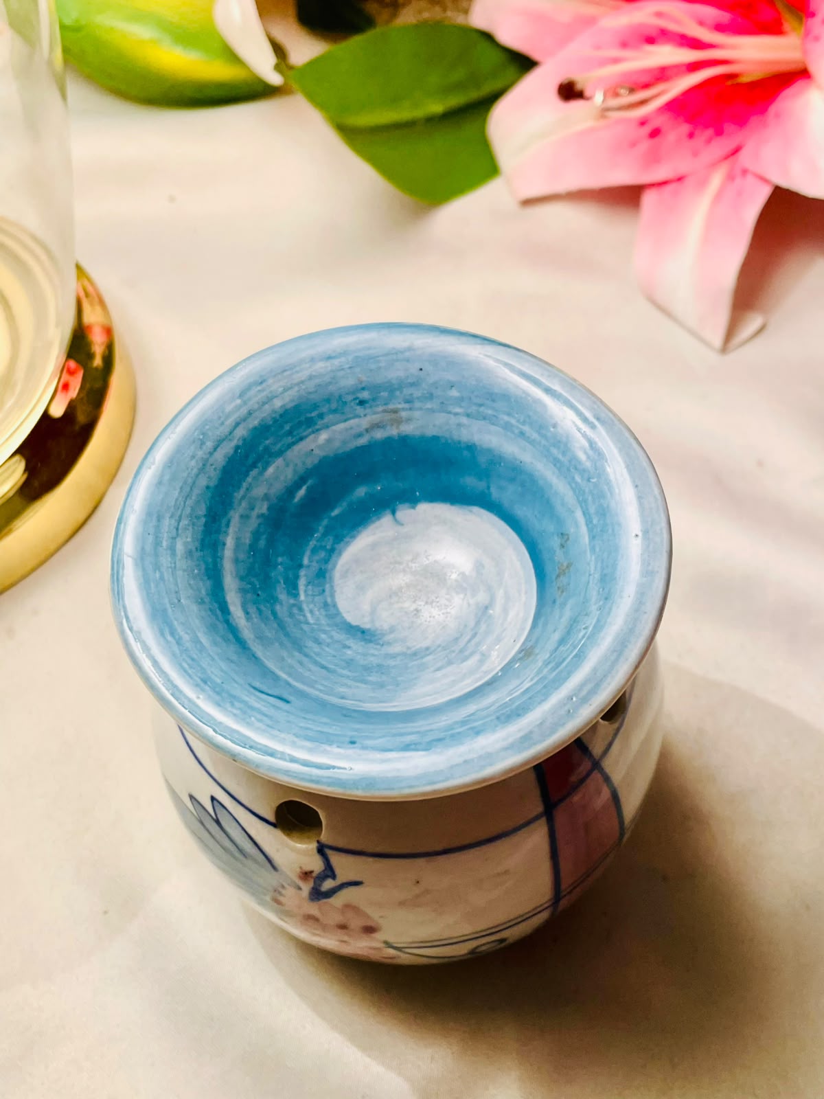 Blue Pottery Blue & Pink Floral Ceramic Oil & Wax Melt Burner 10 cm