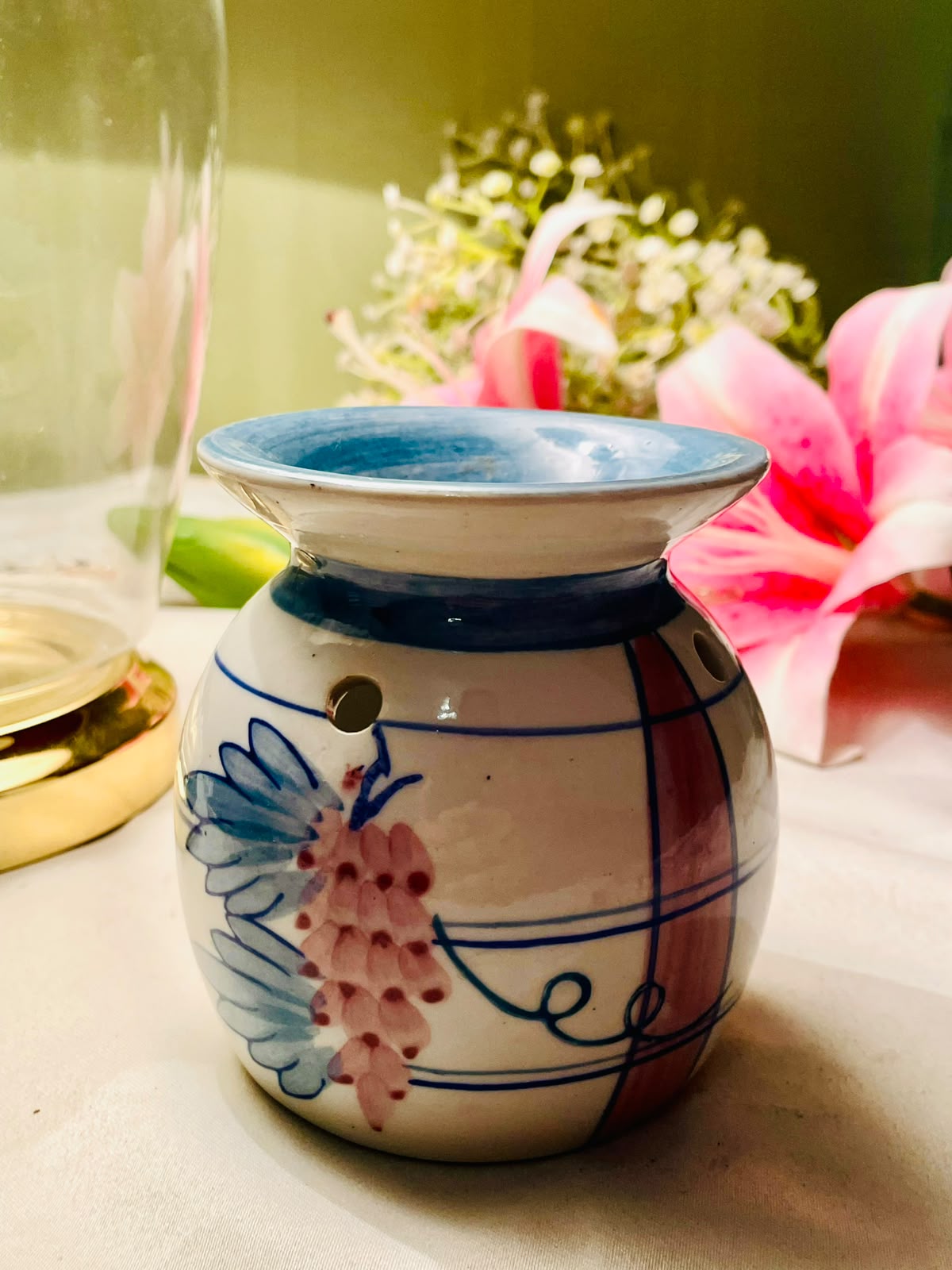 Blue Pottery Blue & Pink Floral Ceramic Oil & Wax Melt Burner 10 cm