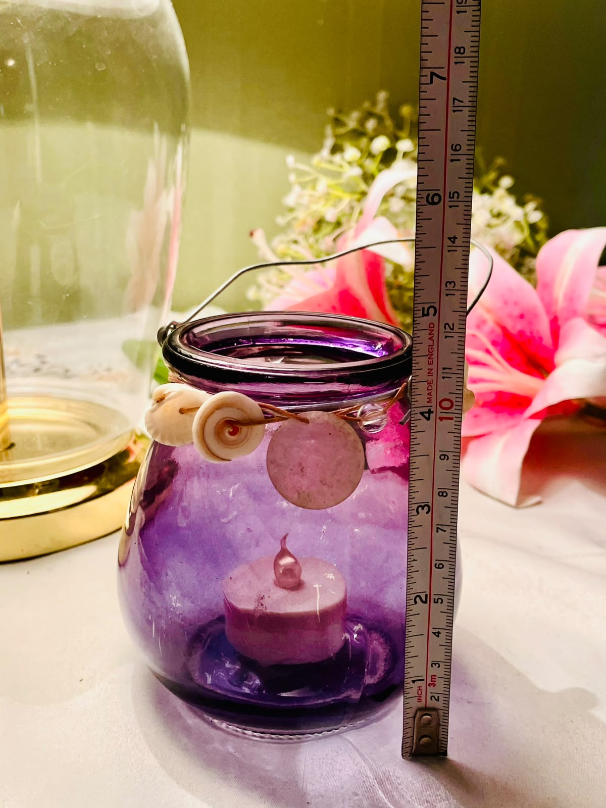Purple Crystal Hanging Tealight Lantern with Shell Detail 12 cm