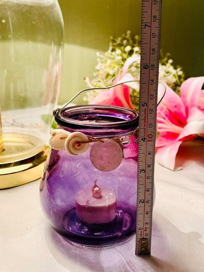 Purple Crystal Hanging Tealight Lantern with Shell Detail 12 cm