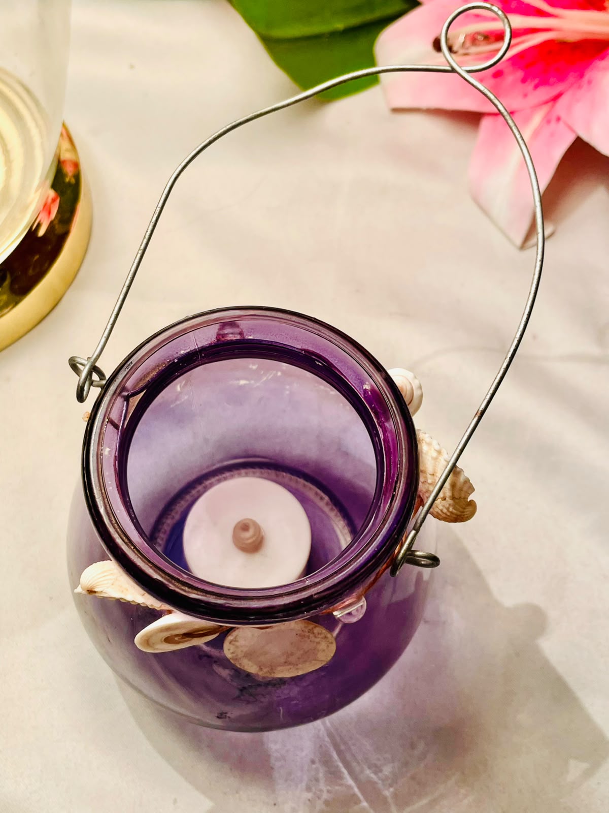 Purple Crystal Hanging Tealight Lantern with Shell Detail 12 cm