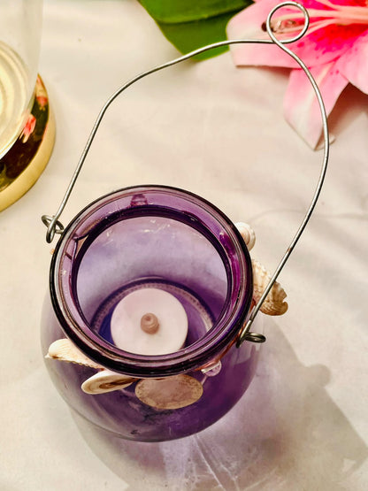 Purple Crystal Hanging Tealight Lantern with Shell Detail 12 cm