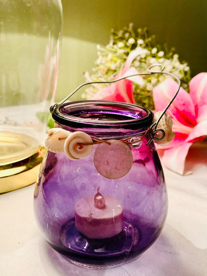 Purple Crystal Hanging Tealight Lantern with Shell Detail 12 cm