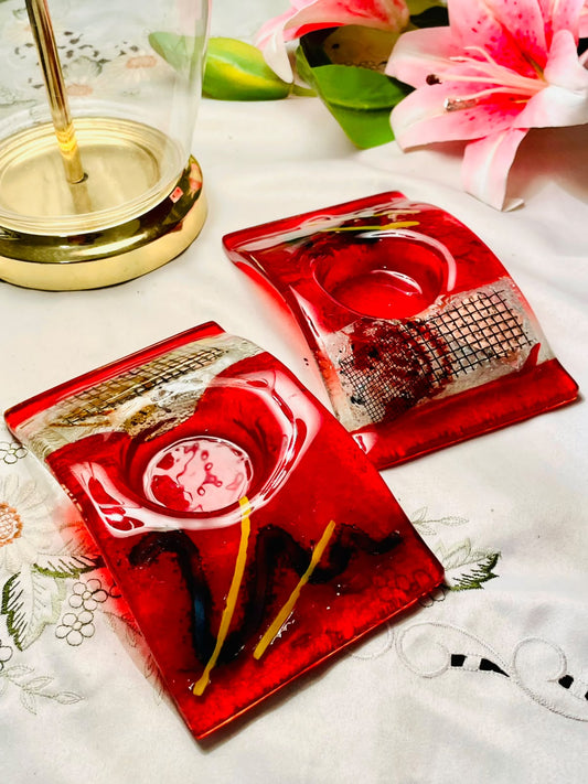 Red Fused Crystal Tealight Holder Plate 17 cm