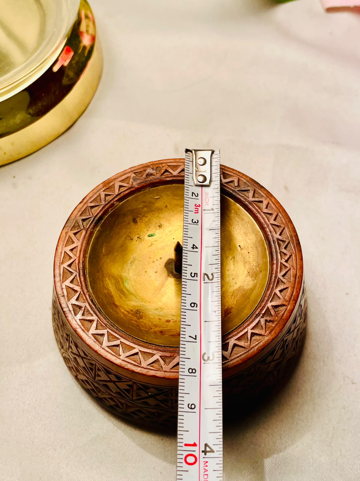 Vintage Carved Wooden Candle Holder with Brass  Insert 9cm