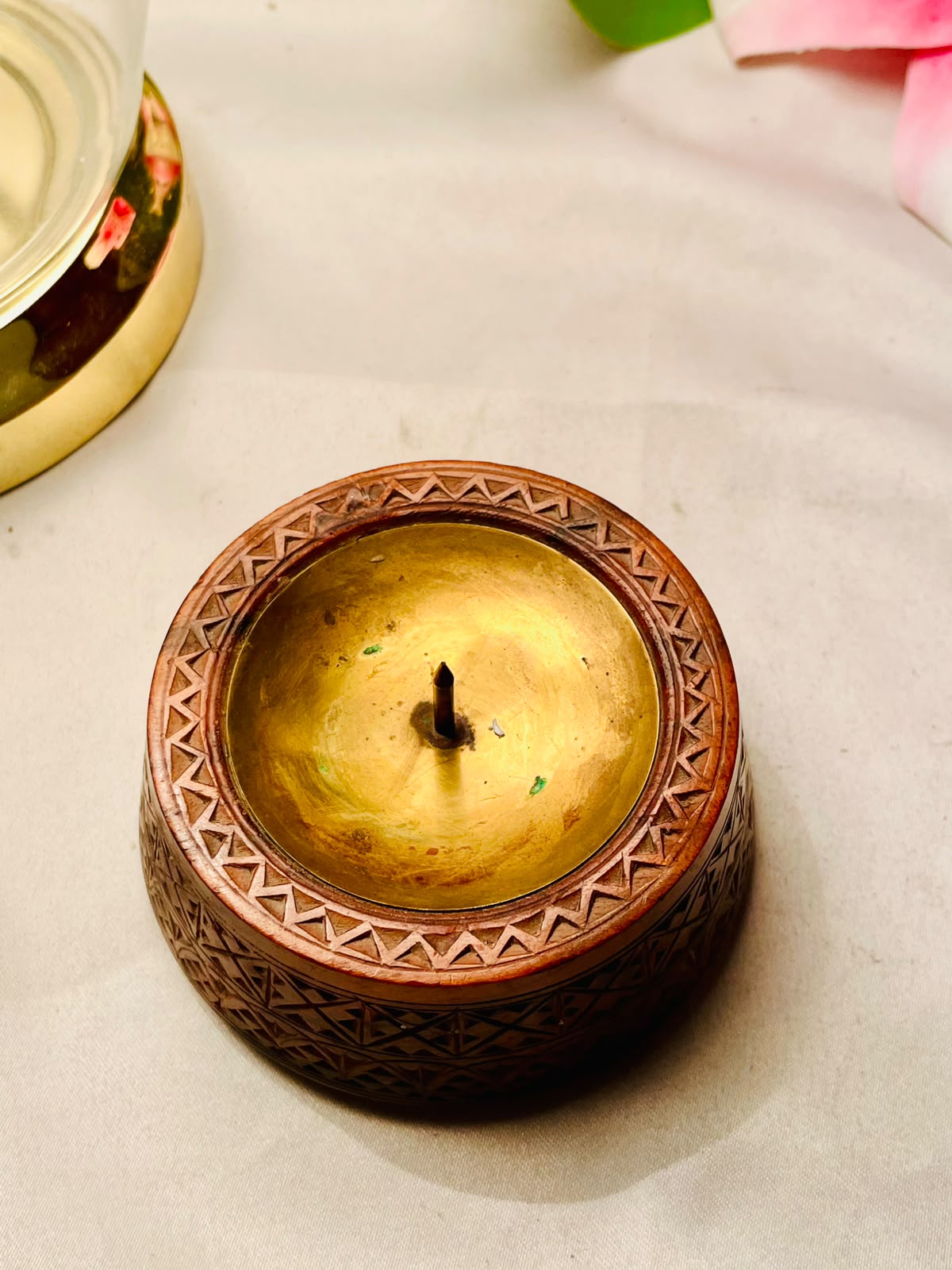 Vintage Carved Wooden Candle Holder with Brass  Insert 9cm