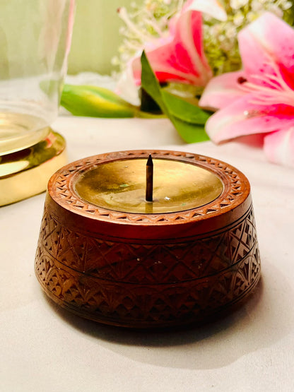 Vintage Carved Wooden Candle Holder with Brass  Insert 9cm