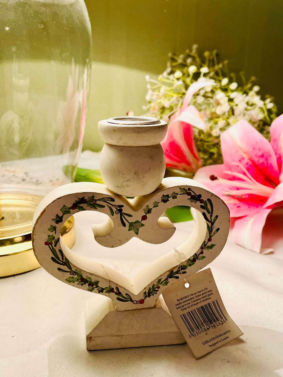 Gisela Graham Heart Candle Holder Holly Design 14cm