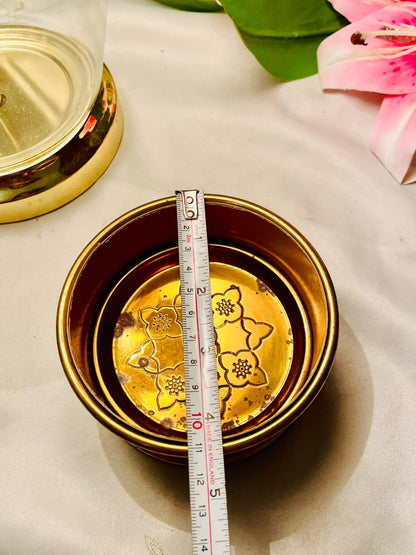 4pc Brass Floral Metal Coaster Set with Holder 10cm